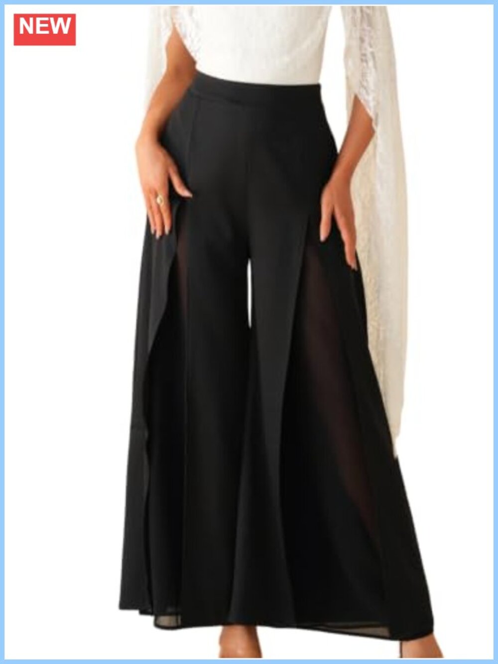 High Waisted Wide Leg Palazzo Pants with Slit Hem Flowy Chiffon